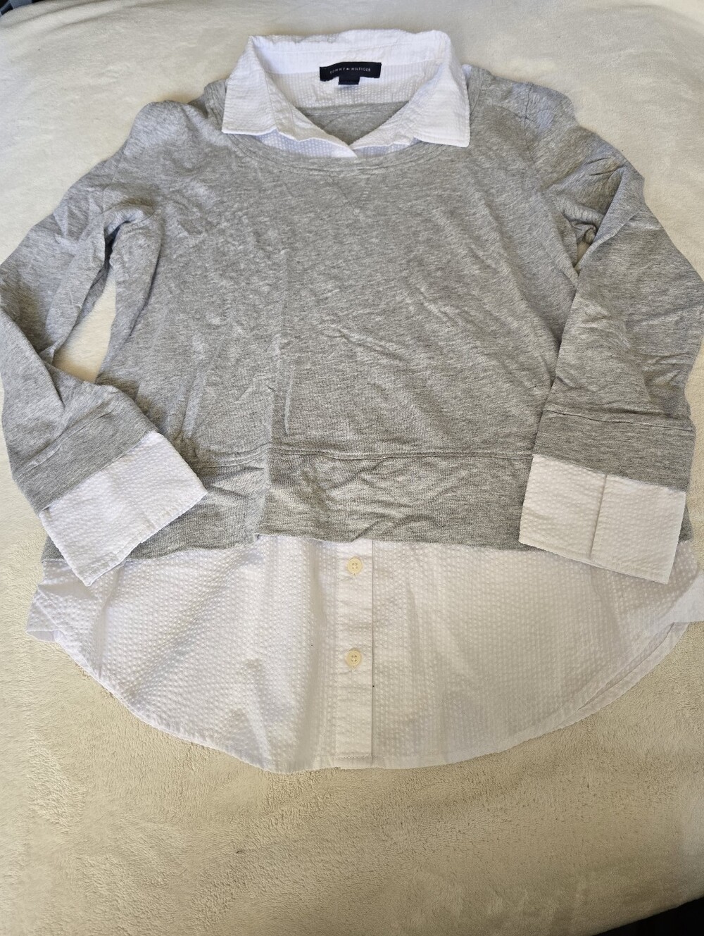 Tommy Hilfiger Grey Layered-Look Sweatshirt with White Shirt Hem